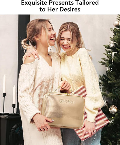 JUSRON Travel Makeup Bag With LED Mirror, Cosmetic Train Case with Light up Mirror, Portable Makeup Artist Organizer Bag with Adjustable Dividers, Makeup Brush Holder Storage (Rose Gold, Large)