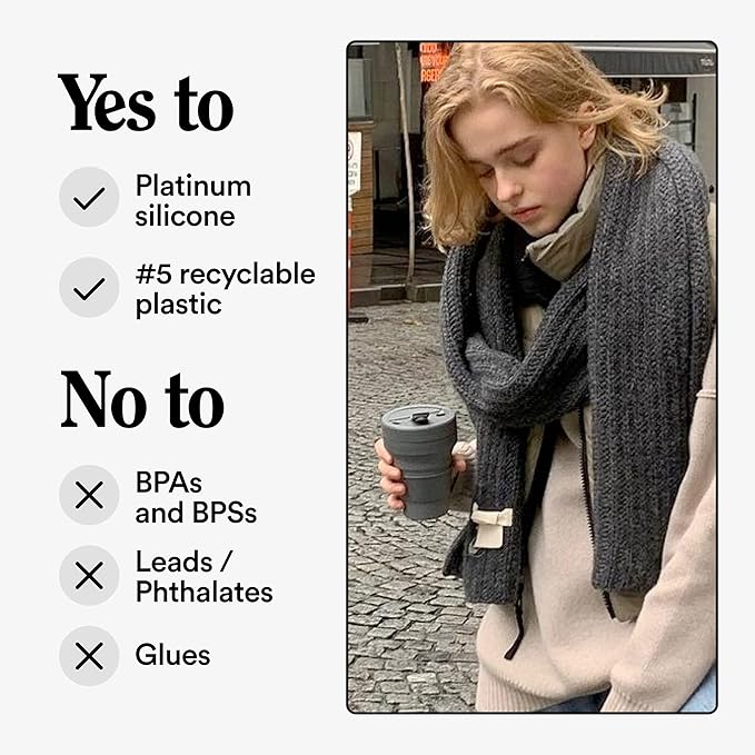 STOJO Collapsible Travel Cup - Reusable To-Go Pocket Size Silicone Bottle for Hot and Cold Drinks - Perfect for Camping - Microwave & Dishwasher Safe (Carbon, 12 Ounce (Pack of 1) - No Straw)