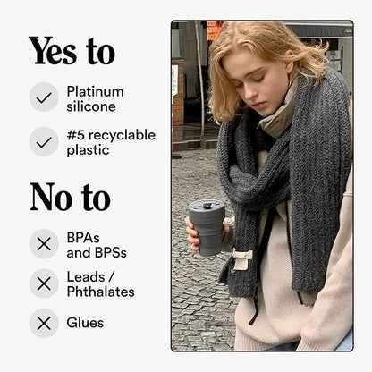 STOJO Collapsible Travel Cup - Reusable To-Go Pocket Size Silicone Bottle for Hot and Cold Drinks - Perfect for Camping - Microwave & Dishwasher Safe (Carbon, 12 Ounce (Pack of 1) - No Straw)