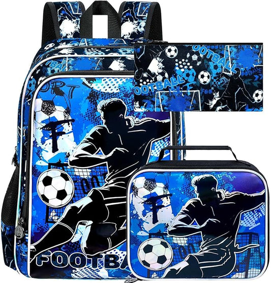 WZLVO 3PCS Soccer Backpack for Boys, 17" Cool UV Printing Kids Bookbag/School Bag with Lunch Box & Pencil Bag for Elementary to Middle - Dynamic Soccer Kick