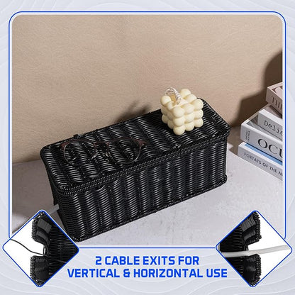 Cable Management Box, Handmade Rattan Cable Organizer, 2 Open Slots Cords Hider Box, Under Desk Cord Organizer for Computer Router USB Hub & Power Strip, Patent Pending, 13" x 5.1" x 5.1", Black