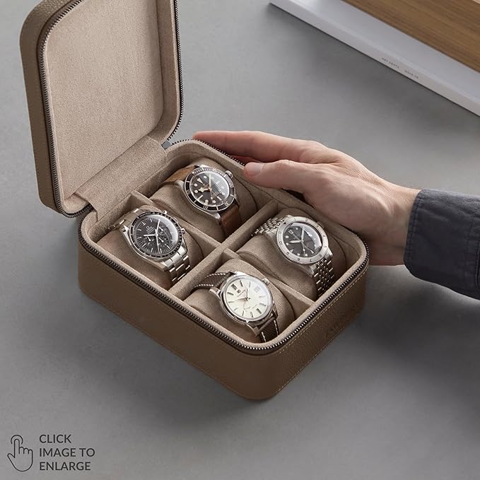 TAWBURY Watch Case - 4 Slot Genuine Top-Grain Leather Watch Box for Men & Women with Extra Wide Pillows for Large Watches - Portable Wristwatch Storage for Home & Travel (Taupe)