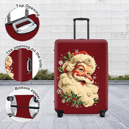 Retro Santa Luggage Cover - Vintage Saint Nicholas with Holly and Snowflakes, Traditional Christmas Suitcase Protector 32 34 Inch