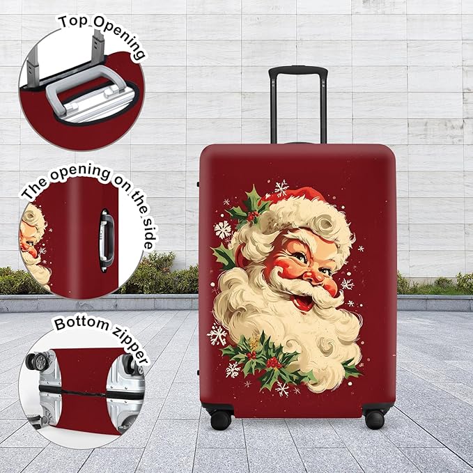Retro Santa Luggage Cover - Vintage Saint Nicholas with Holly and Snowflakes, Traditional Christmas Suitcase Protector 28 30 Inch