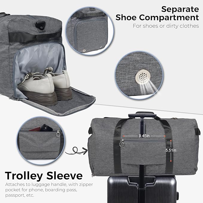 Fmeida 65L Duffle Bag with Shoes Compartment, Foldable Travel Duffel Bags for Men Women, Large Packable Travel Bag Water Repellent & Tear Resistant (Gray)