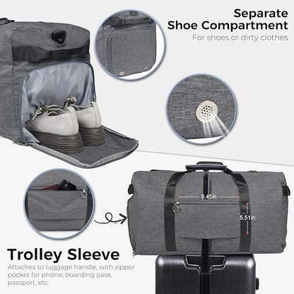 Fmeida 65L Duffle Bag with Shoes Compartment, Foldable Travel Duffel Bags for Men Women, Large Packable Travel Bag Water Repellent & Tear Resistant (Gray)