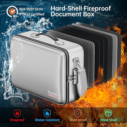 DocSafe Fireproof Document Box with Lock, Hard Case File Organizer with Accordion File Folder, Fireproof Water Resistant Safe Box Home Office Travel Storage for Important Documents Laptop Silver