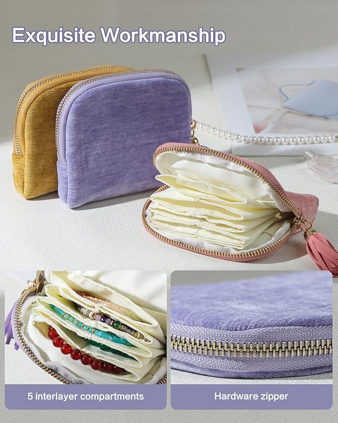 Small Travel Jewelry Case, Mini Travel Jewelry Bag with Zipper, 5-Layer Velvet Organizer Pouch for Bracelet Rings Earrings - Chenille Velvet Light Purple