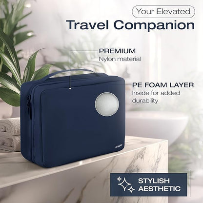 KAZAY Hanging Toiletry Bag with TSA Approved Detachable Pouch, Travel Toiletry Bag, Water Resistant, Premium Nylon, Travel Size Toiletries, Cosmetic Bag, Makeup Bag, Unisex (Navy)