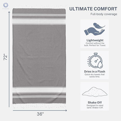 Cotton Turkish Beach Towel Towels Oversized 36"x72" Pool Absorbent Extra Large Quick Dry Sand Travel Towel (Grey, 4 Pack)
