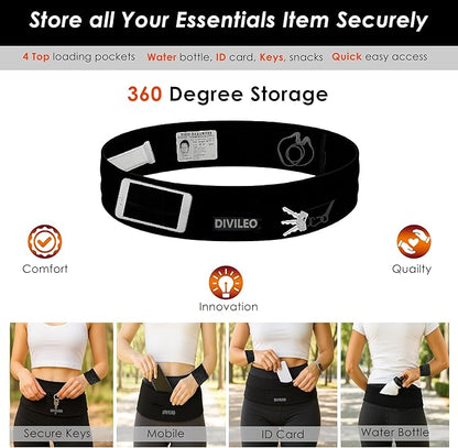 Reflective Running Belt Set – Sweat-Resistant Fanny Pack for Women & Men with Sweatband & Wristband – Phone Holder Waist Pouch for Gym, Travel, Marathon – S/M/L Sizes (Black, Medium)