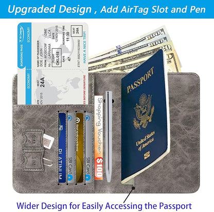 Airtag Passport Holder Cover Wallet Travel Essentials RFID Blocking Leather Card Case International Must Haves Travel Accessories for Women Men(119#Grey)