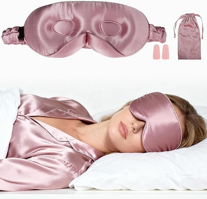 VOCOSTE 22 Momme Pure Silk Sleep Mask with Travel Pouch, 3D Contour Adjustable Blindfold for Side Sleepers, Eye Mask Locks Light for Sleeping, Bean Pink