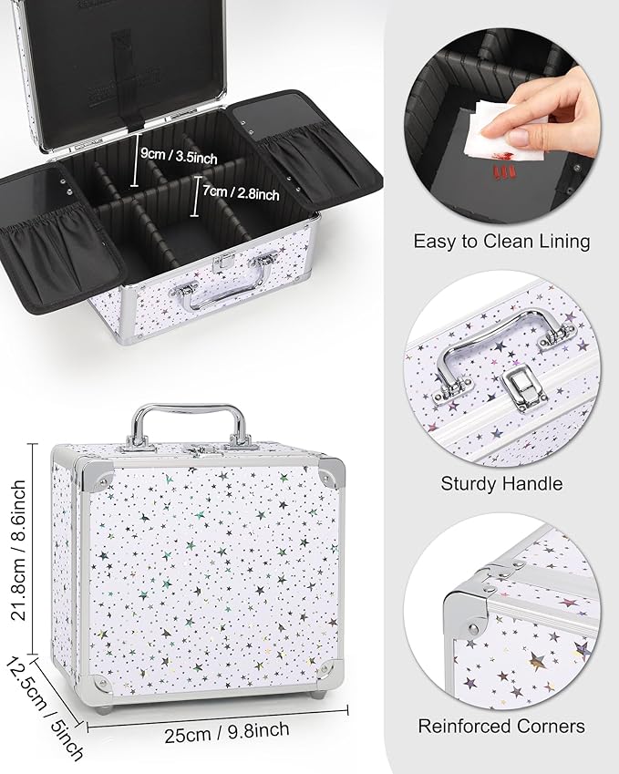 Relavel Makeup Bag with LED Mirror, Makeup Box Travel Train Case with Rechargeable Lighted Mirror, Cosmetic Brush Organizer Storage for Makeup Artists Gifts for Women and Girls, Shining Star