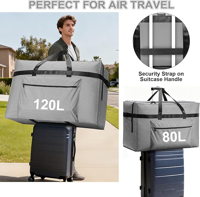 SUNUP Extra Large Duffle Bag for Travel, 120L Foldable Travel Duffel Bag for Men Women, Waterproof Overnight Weekender Moving Storage Bags, Gray