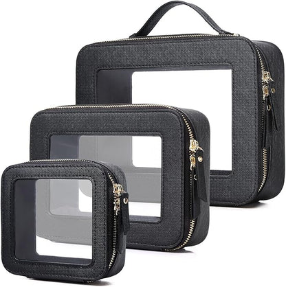 Pinkmik Clear Makeup Bag Waterproof Travel Case for Cosmetics and Toiletries Women's Purse Organizer and Clear Car Bag with Zipper (Black, L+M+MINI)