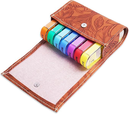 Pill Organizer,LIZIMANDU Weekly Travel Pill Case Box Medication Reminder Daily AM PM, Day Night 7 Compartments,for 4 Times A Day, 7 Days a Week-Includes Leather PU Carrying Case(1-Carved Brown)
