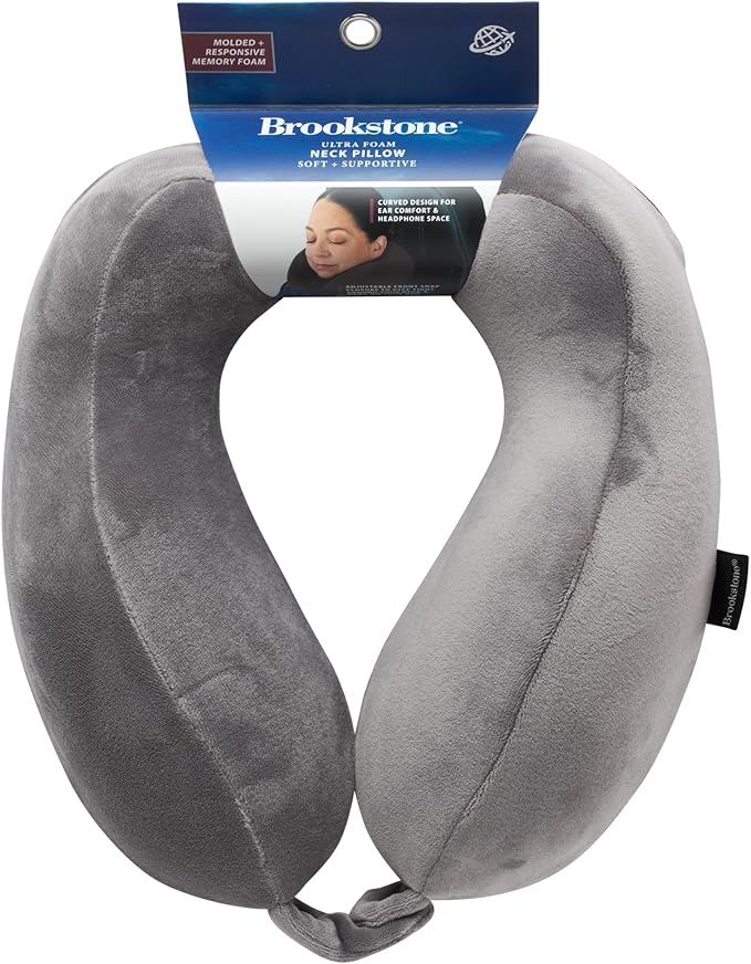 Brookstone Neck Travel Pillow - Lightweight Contoured Memory Foam Stuffable Travel Neck Pillow for Sleeping, Car, & Airplane, Size One Size, Dark Grey