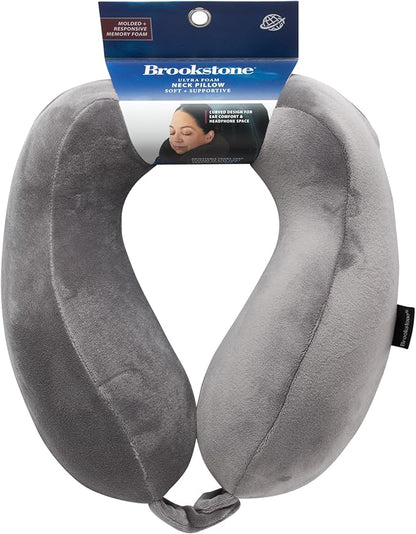 Brookstone Neck Travel Pillow - Lightweight Contoured Memory Foam Stuffable Travel Neck Pillow for Sleeping, Car, & Airplane, Size One Size, Dark Grey