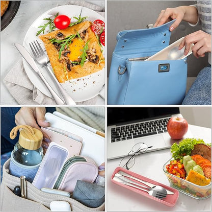 Yinkin 4 Pack Portable Travel Utensils Set with Case Reusable Stainless Steel Silverware Flatware Camping Cutlery Include Fork Spoon Knife for Work School Dishwasher Safe(Blue, Beige, Green, Pink)