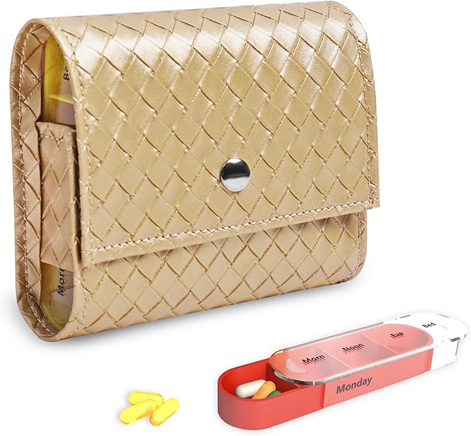 Pill Organizer,LIZIMANDU Weekly Travel Pill Case Box Medication Reminder Daily AM PM, Day Night 7 Compartments,for 4 Times A Day, 7 Days a Week-Includes Leather PU Carrying Case(1-Weave Gold)