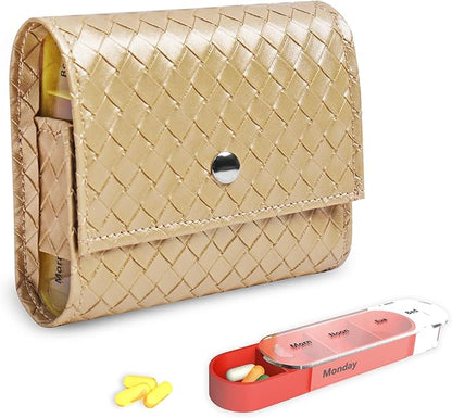 Pill Organizer,LIZIMANDU Weekly Travel Pill Case Box Medication Reminder Daily AM PM, Day Night 7 Compartments,for 4 Times A Day, 7 Days a Week-Includes Leather PU Carrying Case(1-Weave Gold)