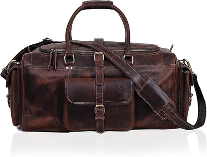 Leather Farm Travel Duffel Bags for Men & Women - Premium 24" Mens Weekender Overnight Gym Bag, Carry-On Luggage with Spacious Compartments, Stylish Leather Duffel Bag for Airplane, Sports & Trips