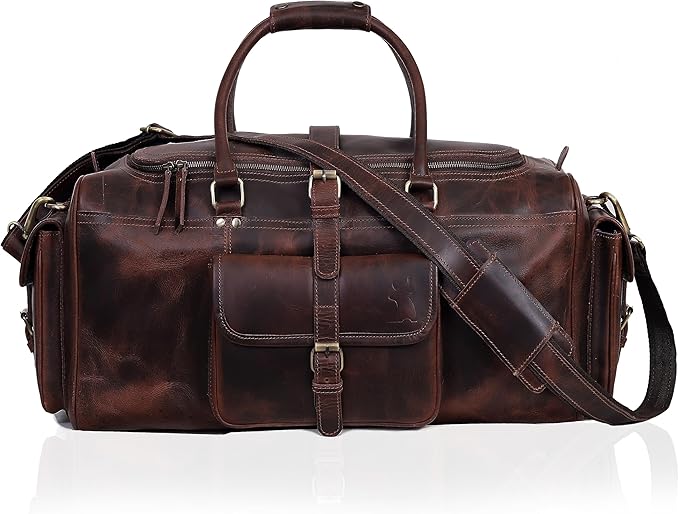 Duffle Bag For Men and Women, 28 Inch Vintage Buffalo Leather Travel Duffle Bag, Genuine Carry On Overnight Bag, Weekender Gym Bag with Shoulder Strap, Carry on Luggage Bags