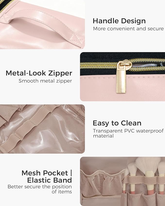 Hanging Toiletry Bag, PU Leather Makeup Bag Large Capacity with Jewelry Organizer for Brushes Set, Cosmetic Accessories, Pink