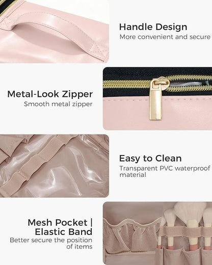 Hanging Toiletry Bag, PU Leather Makeup Bag Large Capacity with Jewelry Organizer for Brushes Set, Cosmetic Accessories, Pink