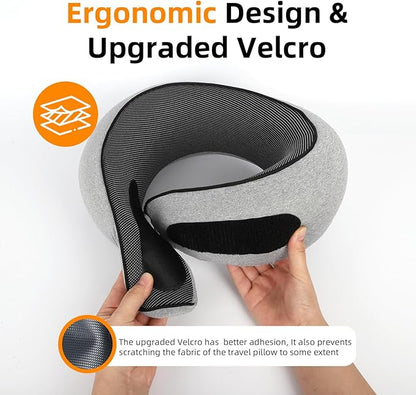 Travel Neck Pillows for Airplanes, Premium 100% Memory Foam Neck Pillow with Alternative Cooling Ice Silk Cover - Upgrade Liner Enables Easy Pillowcase Cleaning, Travel Pillow Fits Plane, Car, Train