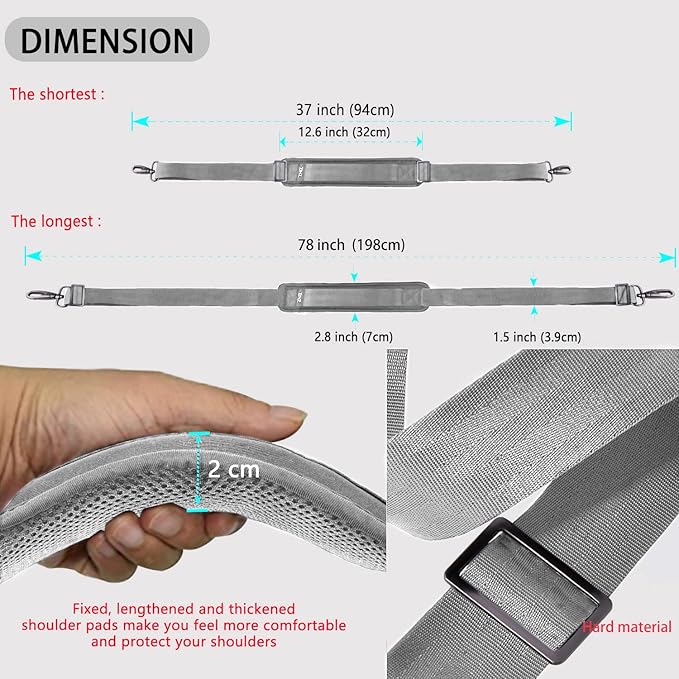 ZINZ Shoulder Strap 78" Universal Handbag Strap with Ultra-thick Fixed Padded and Dual Balanced Adjustable Buckles Shoulder Crossbody Strap for Briefcase Messenger Bag Laptop bag Luggage，Gray