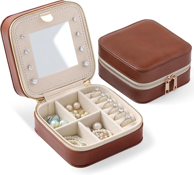 Genuine Leather Travel Jewelry Organizer Case with Mirror for Women, Small Mini Portable Jewelry Box for Ring Earrings Necklace Bracelet Luxury Gift for Women（Brown）