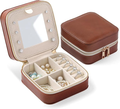 Genuine Leather Travel Jewelry Organizer Case with Mirror for Women, Small Mini Portable Jewelry Box for Ring Earrings Necklace Bracelet Luxury Gift for Women（Brown）