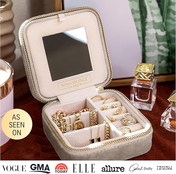 Benevolence LA Plush Velvet Jewelry Box | Travel Jewelry Case Organizer with Mirror | Featured in Oprah's Favorite Things | Best Gifts For Daughter, Girlfriend, Mom | Gifts For Her - Champagne