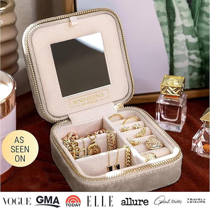 Benevolence LA Plush Velvet Jewelry Box | Travel Jewelry Case Organizer with Mirror | Featured in Oprah's Favorite Things | Best Gifts For Daughter, Girlfriend, Mom | Gifts For Her - Champagne