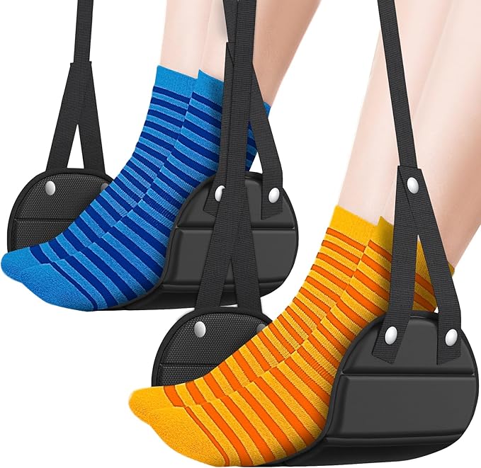 2 Pack Airplane Foot Hammock, Portable Travel Feet Rest Leg Relief, Ergonomic Hanging Sling for Long Flight,Car, Office Home, Comfort Support Travel Essentials, Black