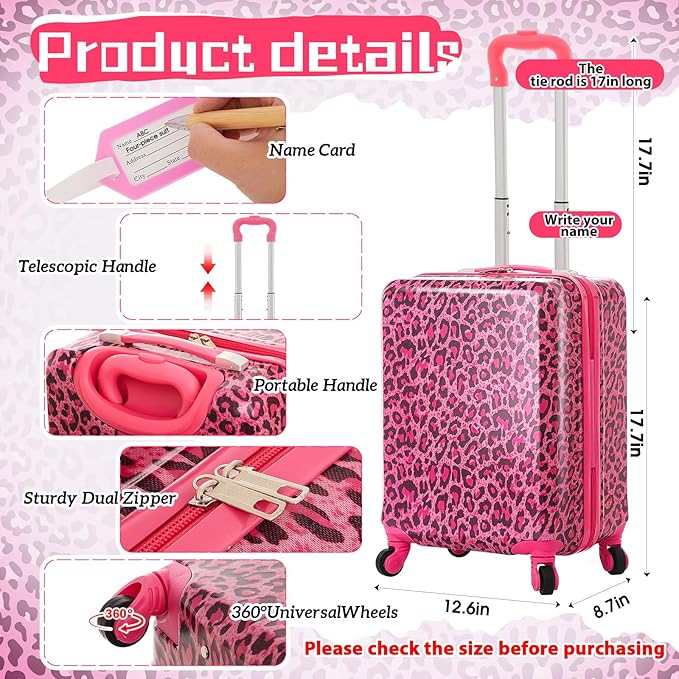 Redbaker 6 Pcs Kids Luggage Set 17 Inch Kids Rolling Luggage Double Pattern Suitcase for Girls Boys School Gift(Hot Pink,Leopard Print Style)