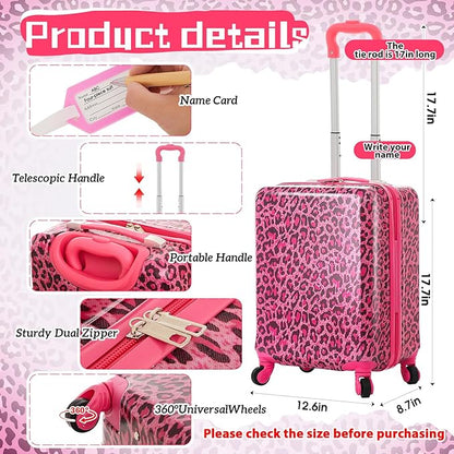 Redbaker 6 Pcs Kids Luggage Set 17 Inch Kids Rolling Luggage Double Pattern Suitcase for Girls Boys School Gift(Hot Pink,Leopard Print Style)