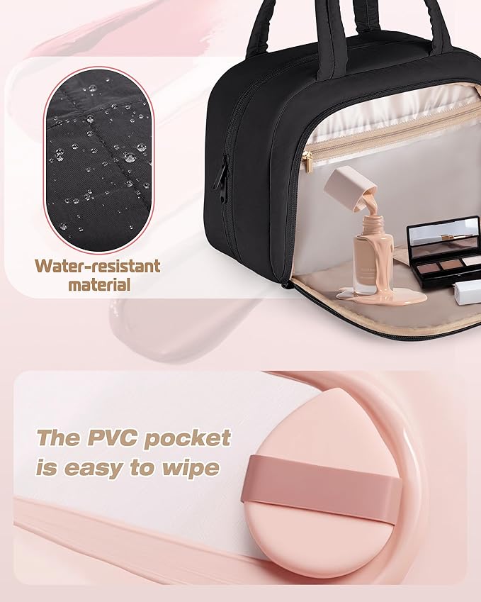 Travel Toiletry Bag for Women with Hanging Hook, Water Resistant Puffy Makeup Organizer with Leak Proof Pockets for Toiletries and Cosmetics - Black (Bag Only)