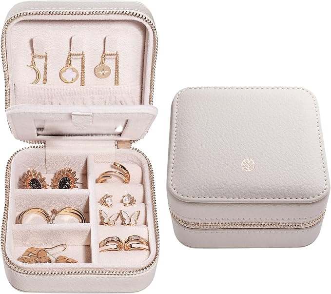 S.Leaf Travel Jewelry Organizer Boxes for Women Small Portable Necklace Earrings Bracelet Rings Travel Case Best Friend Birthday Gifts for Women Trendy (03_Lychee_Beige)