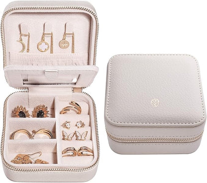 S.Leaf Travel Jewelry Organizer Boxes for Women Small Portable Necklace Earrings Bracelet Rings Travel Case Best Friend Birthday Gifts for Women Trendy (03_Lychee_Beige)