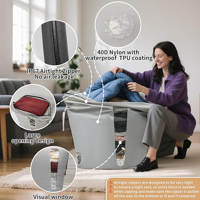 Reusable Vacuum Compression Space Saver Bag,Waterproof Professional IP67 Zip Vacuum Bags for Packing Organizers,Lightweight Compression Packing Bags for Home Family(No Pump)