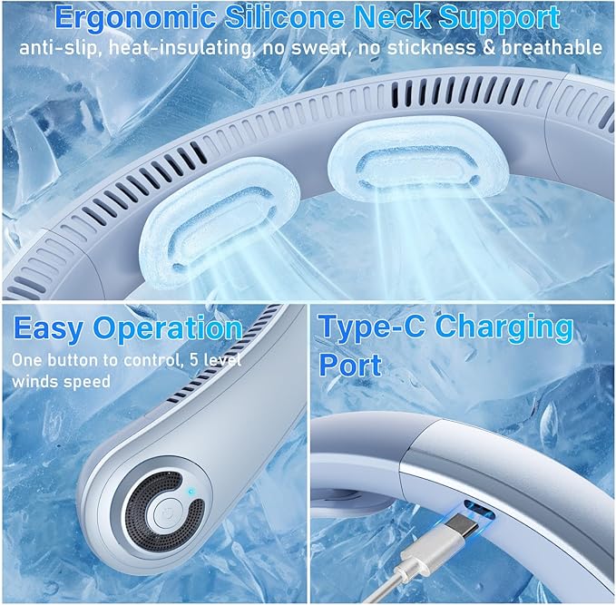 Neck Fan - Portable Neck Fan with Neck Support, 5 Speeds, All Around Airflow, Hand-free Bladeless Personal Cooling Fans, Rechargeable Wearable Fan for Outdoor and Indoor, Festival Gifts for Men Women