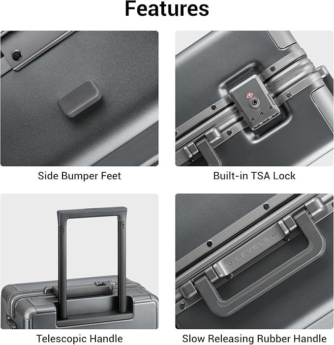 LEVEL8 Zipperless Carry On Luggage Airline Approved with Aluminum Frame, Hard Shell Suitcase with Spinner Wheels, Metal Checked Luggage with Double Tsa Locks, 20 Inch, Grey