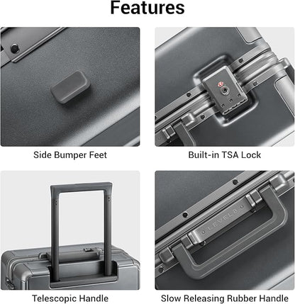 LEVEL8 Zipperless Carry On Luggage Airline Approved with Aluminum Frame, Hard Shell Suitcase with Spinner Wheels, Metal Checked Luggage with Double Tsa Locks, 20 Inch, Grey