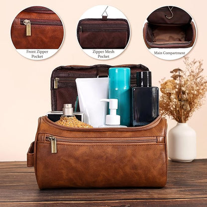 Toiletry Bag for Men, Hanging Travel Shaving Dopp Kit for Men and Women, Water-resistant Toiletries Organizer Bags, PU Leather Cosmetic Bags for Makeup Accessories (Dark Brown)