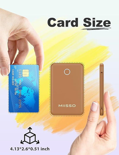 miisso 6000mah Ultra Slim Built in Cables Power Bank, Card Size Built in USB C Cords Battery Pack Portable Charger for Phones, 3 Output External Battery Pack Compatible with iPhone, Brown