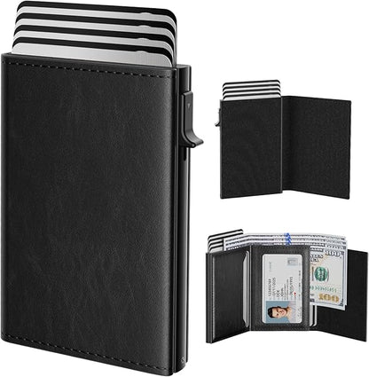 typecase Mens Wallet Card Holder: Pop Up Aluminum Case, Genuine Leather, Smart, RFID Blocking, Slim, Minimalist, Front Pocket - 9-14 Card Capacity | ID Window | Cash Slot - Oil Wax Black