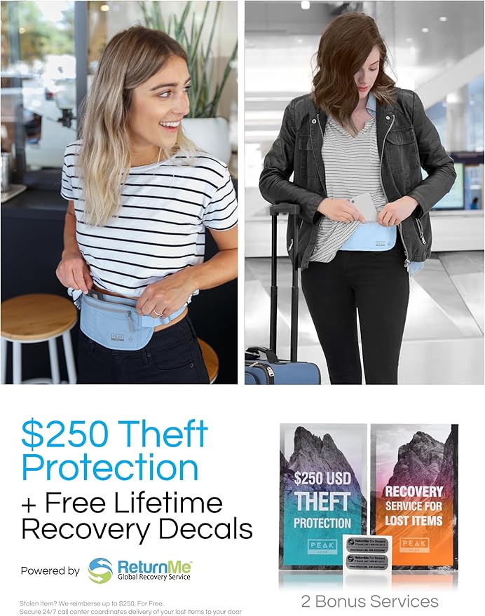 Peak Gear Travel Money Belt. Premium Quality Travel Wallet with RFID Blocking Fabric to Protect Credit Cards, Passports and Documents. Exclusive Theft Protection and 2 Recovery Tags | Blue
